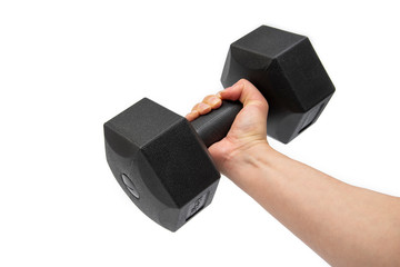 Man hand holding dumbbells on a white background.