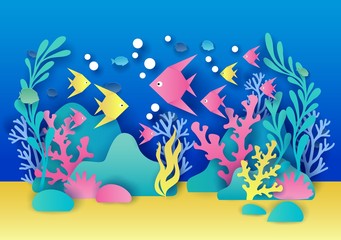 Wall Mural - Aquarium vector illustration in paper art style
