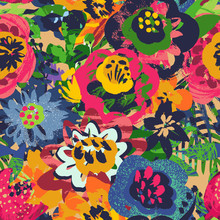 Vector Seamless Pattern With Plants, Leaves And Flower Bouquets With Hand Painted Texture.