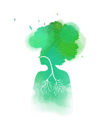 Woman breathing in a natural and healthy environment silhouette on watercolor background. Her lungs and her  head are branches of a tree with flying birds, Healthy life concept