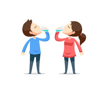Boy And Girl Drink Water. Vector Illustration