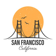 San Francisco Famous Bridge. California Isolated Vector Logotype. Travel, Journey, Trip, Vacation Beach Icon. USA State.