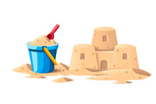 Simple Sand Castle With Blue Bucket And Red Shovel. Cartoon Design. Flat Vector Illustration Isolated On White Background
