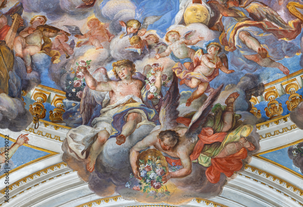 CATANIA, ITALY - APRIL 7, 2018: The baroque fresco of angels as the detail of Coronation of Virgin Mary in church Chiesa di San Benedetto by Giovanni Tuccari (1667–1743). - obrazy, fototapety, plakaty 