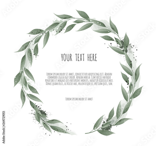 Floral wreath with green eucalyptus leaves, flower rose, anemone . Frame bord...