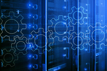 Wall Mural - gears mechanism, digital transformation, data integration and digital technology concept.