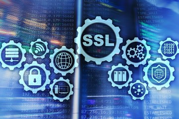Wall Mural - SSL Secure Sockets Layer concept. Cryptographic protocols provide secured communications. Server room background.