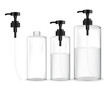 © Piyathida P - Cosmetic plastic bottle with black dispenser pump (transparent). Liquid container for gel, lotion, cream, shampoo, bath foam. Beauty product package, vector illustration.