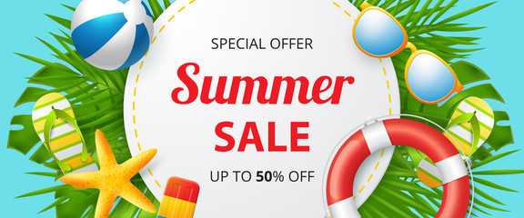 Wall Mural - Summer sale vector banner design with colorful beach elements. Vector illustration