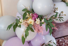 Flowers And White Balloons. A A Modern Decor.