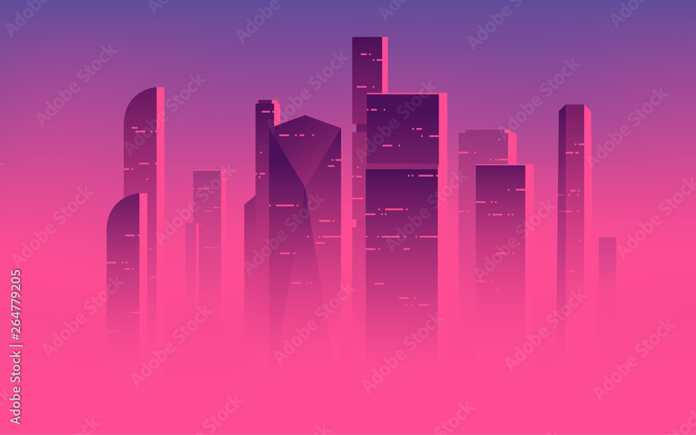 Minimalist vector illustration of a skyscrapers above the clouds, city highrises in a misty fog - obrazy, fototapety, plakaty 