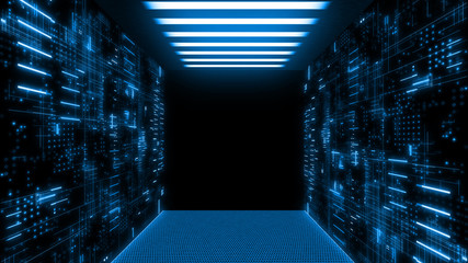 Wall Mural - 3D Rendering of data center room with abstract data servers and glowing led indicators and ceiling lights. For Big data, machine learning, artificial intelligence concept background.