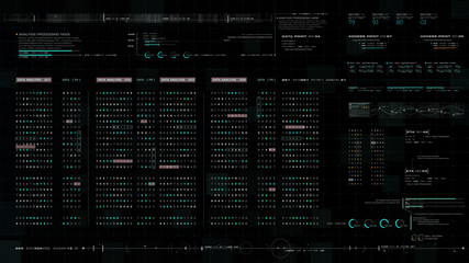 Poster - Futuristic source code digital data telemetry motion graphic display screen with user interface display for digital background computer desktop display screen