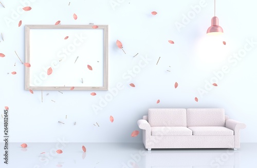 White Living Room Decor With Picture Frame And Blow Pink Leaves