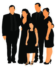 Family On Cemetery Or Graveyard Mourning Deceased Relative. Featuring People Weeping At A Funeral Service Vector Illustration. Broken Hart.