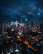 Entire futuristic city skyline view of downtown Toronto Canada during a storm. Modern buildings, urban architecture, cars travelling. construction and development in a busy city