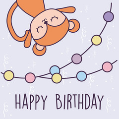 Poster - happy birthday card with cute monkey and garlands