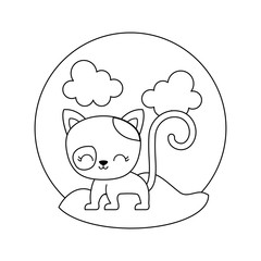 Sticker - cute cat animal in landscape scene