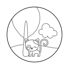 Sticker - cute cat animal in landscape scene