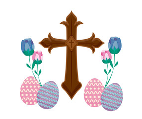 Wall Mural - wooden catholic cross with eggs of easter and flowers