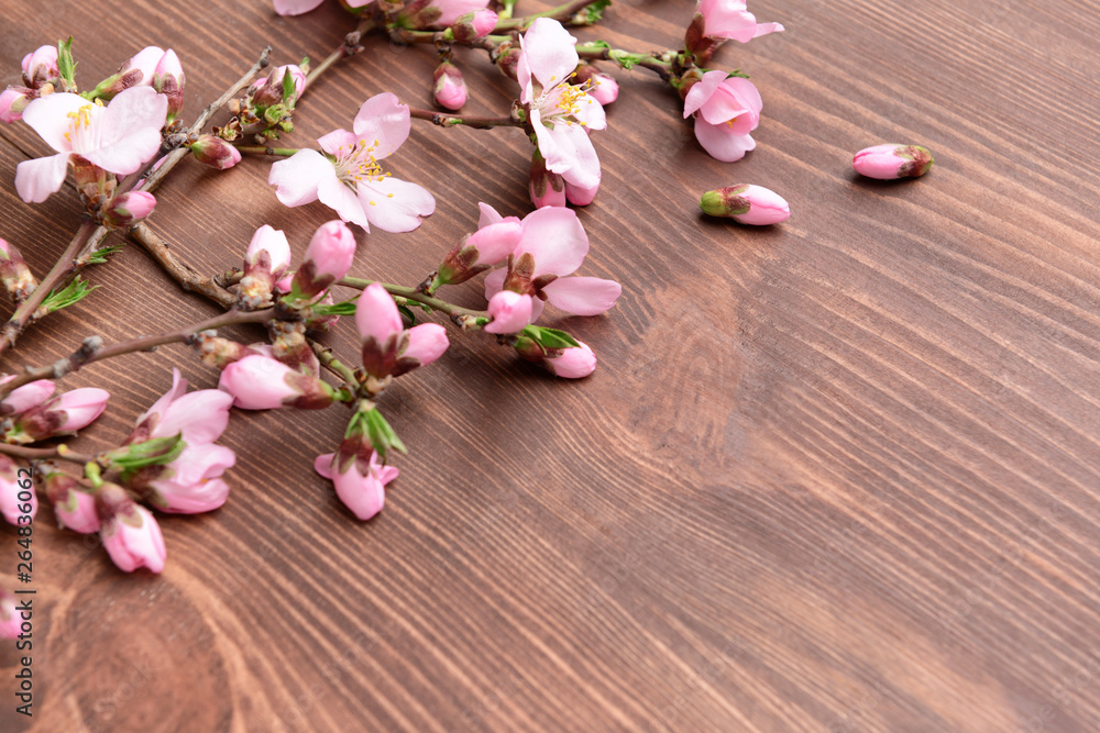 Beautiful blossoming branches on wooden background