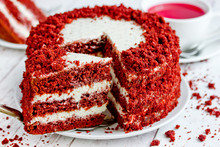 Red Velvet Cake, Classic Three Layered Cake From Red Butter Sponge Cakes With Cream Cheese Frosting, American Cuisine