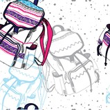 Fototapeta  - Seamless pattern with backpacks. Time to travel. Drawing by hand. Stylish summer background.