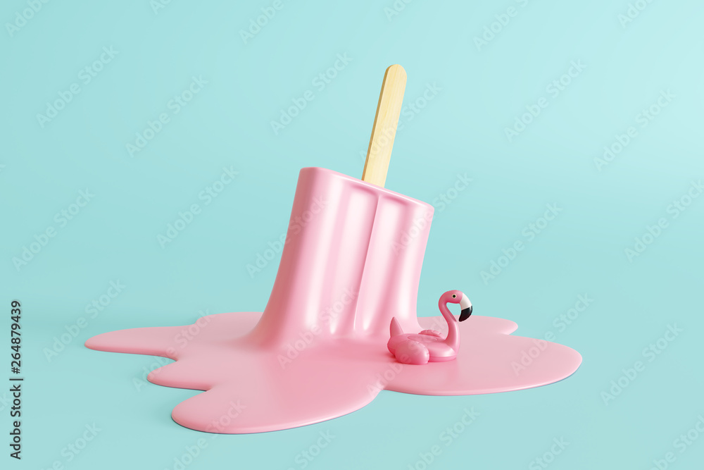 Pink stick ice cream melting with flamingo float on pastel blue background. Creative idea minimal summer concept. 3d rendering - obrazy, fototapety, plakaty 