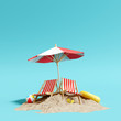 © aanbetta - Beach umbrella with chairs and sand on pastel blue background. summer vacation concept. 3d rendering