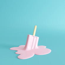 Pink Stick Ice Cream Melting On Pastel Blue Background. Minimal Summer Concept. 3d Rendering
