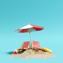 Beach Umbrella With Chairs And Sand On Pastel Blue Background. Summer Vacation Concept. 3d Rendering