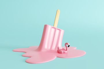 pink stick ice cream melting with flamingo float on pastel blue background. creative idea minimal su