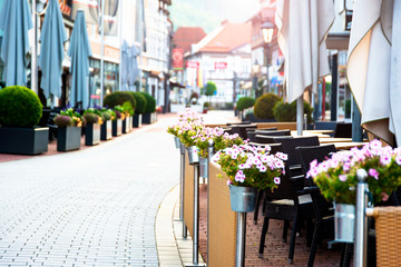 Not opened cafe in the morning in the old European city. Bad Lauterberg in Germany