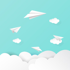 Wall Mural - paper airplanes flying on clouds and sky background.paper art of business teamwork concept vector il