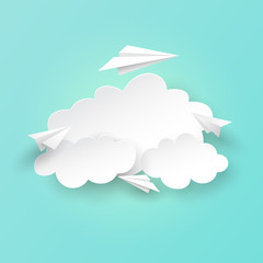 Wall Mural - paper airplanes flying on clouds and sky background.paper art of business teamwork concept vector il
