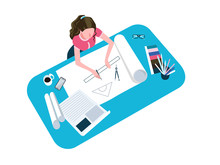 Woman Drawing, Sketching Flat Vector Illustration. Female Architect Drafting Project, Working From Home