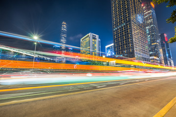 the light trails on the modern building background.