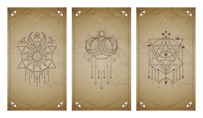 Wall Mural - .Vector set of three vintage backgrounds with geometric symbols and frames. Abstract geometric symbols and sacred mystic signs drawn in lines.