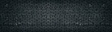Wide Old Dark Gray Shabby Brick Wall Texture. Black Masonry Panorama. Brickwork Panoramic Grunge Background