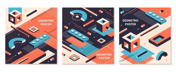 Isometric shapes poster. 3D abstract geometric brochures, futuristic technology backgrounds. Vector isometric graphical colors cover set