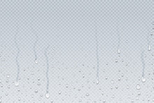 Water Drops Background. Shower Steam Condensation Drips On Transparent Glass, Rain Drops On Window. Vector Realistic Shower Water Drops