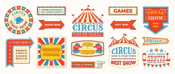 circus labels. carnival retro banner signs, vintage magic frames and arrows elements, welcome the sh