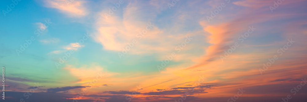 Panoramic beautiful colorful golden hour twilight sky. Beautiful cloud and sky nature background in magic hour. Amazing colorful sky and dramatic sunset evening sky. - obrazy, fototapety, plakaty 