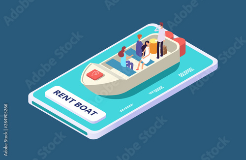 Rent a boat mobile app isometric vector concept. Illustration of service rent...