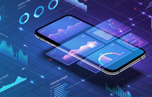 Modern Flat Vector Illustration Concept Application Of Smartphone With Business Graph And Analytics Data On Isometric Mobile Phone. Analysis Trends And Financial Strategy By Using Infographic Chart.
