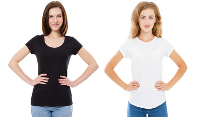 Sticker - Woman in black and white t-shirt mock up, girl in tshirt isolated on white background, stylish tshirt - T-shirt design and people concept.