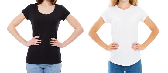 Sticker - T-shirt design and people concept - close up of young two woman in shirt blank black and white tshirt isolated. Girl t shirt set mock up.