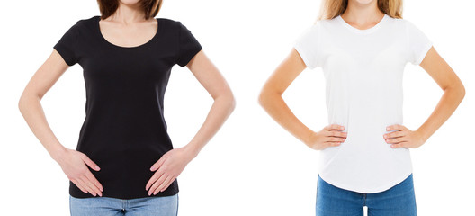 Sticker - Close up of woman in blank black and white t-shirt. Mock up of tshirt isolated on white. Girl in stylish t shirt.