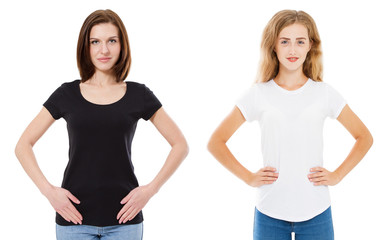 Wall Mural - Close up of woman in blank white and black t-shirt. Mock up of tshirt isolated on white. Girl in stylish t shirt.