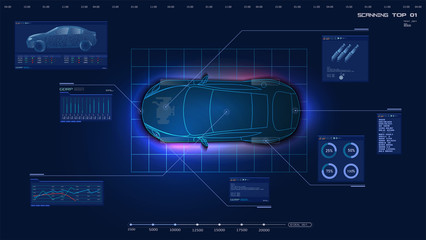 Aufkleber - Top view of the car. Futuristic car service, scanning and auto data analysis. Car auto service, Modern design, diagnostic auto. Virtual graphical interface HUD GUI. Vector